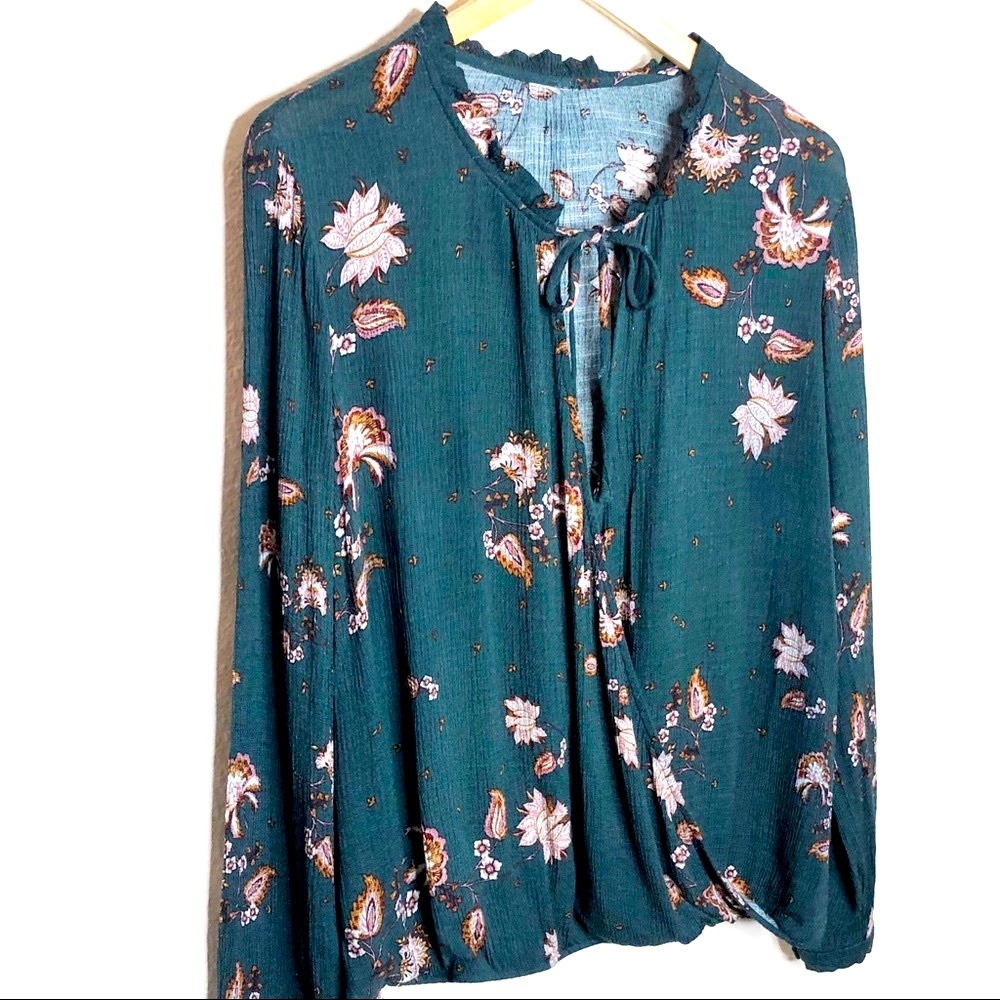 Dark Green Floral Long Sleeve Blouse Size Large
